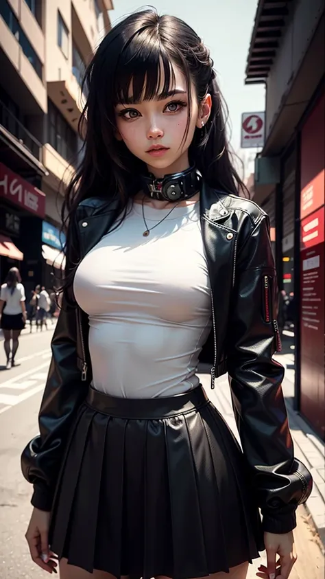 1girl, solo, long curly hair, looking left, bangs, simple background, black hair, red eyes, upper body, blunt bangs, red background, science fiction, high collar, cyberpunk, girl in skirt, full violet background