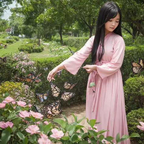 A girl with long black hair is playing with butterflies in a garden, wearing pink color long sleeve Myanmar traditional dress, realistic, trees, flowers, birds, natural scenery, senic views, 