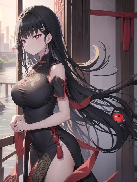 rivertsukatsuki, river, black hair, (red eyes:1.5), hair ornament, hairclip, halation, long hair,
、extremely large breasts(7400)...