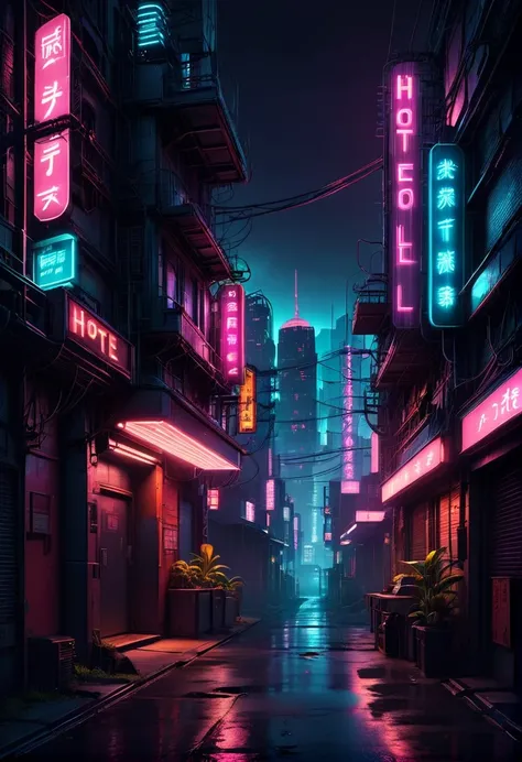 cyberpunk cityscape, biophnk, futuristic, retro crime city, metropolis, neon city, ciry lights, tight alleyways, streets lined i...