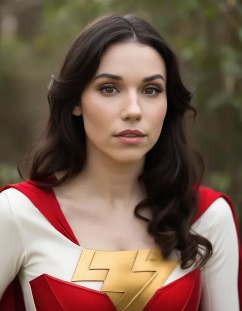 professional portrait photo of Grccrlncrry woman, looking at the camera, highly detailed, skin texture , Busty chest, cosplaying as Mary Marvel