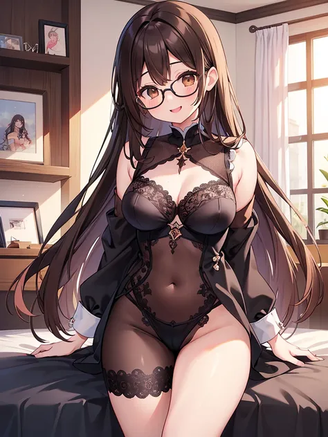 NSFW、1 Female、Brown hair、Brown Eyes、Best Quality、Super detailed、8 Resolution、Raw photo、Mastepiece、Perfect Body、high resolution、Highest quality、Detailed drawing、Vibrant colors、lure、Long Hair、Black-rimmed glasses、Captivating breastaid clothes、smile、Bedroom