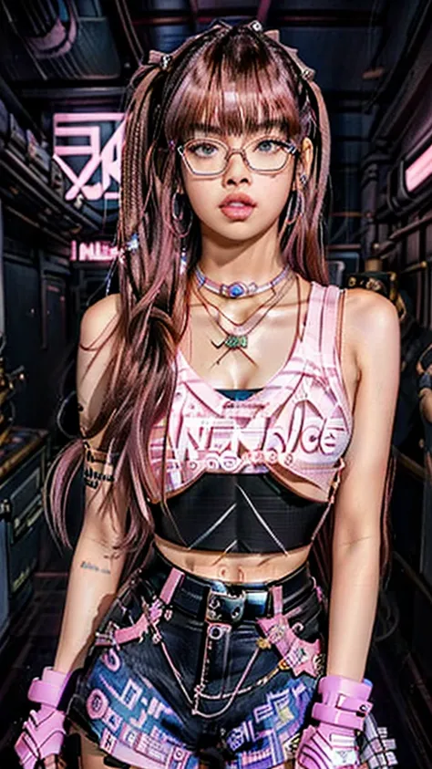 1 woman,cowboy shot,anime, ((((lisa blackpink))), cyber punk ,a woman with glasses and a necklace on her neck, brown skin,bella poarch, charli xcx,Tongue sticks up lips,cyber punk, smooth in _ the background, madison beer as leeloo