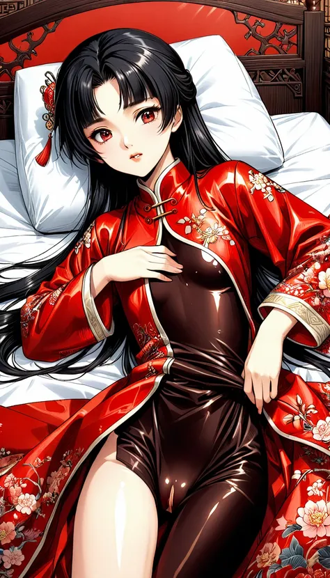 A tragic historical drama in 8k live-action style: Beautiful palace secrets　A beautiful 10-year-old Chinese Kung Fu princess with long black hair is being examined by a doctor　Gorgeous embroidery, Ultra glossy, She is wearing a shiny red top and bottom lon...