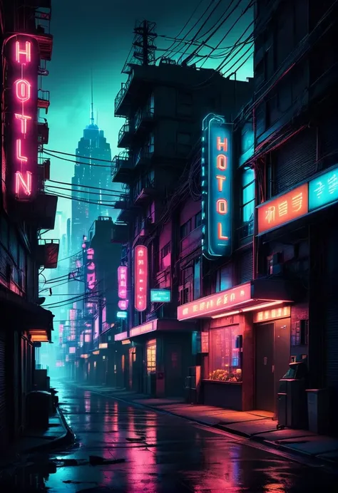 cyberpunk cityscape, biophnk, futuristic, retro crime city, metropolis, neon city, ciry lights, tight alleyways, streets lined i...