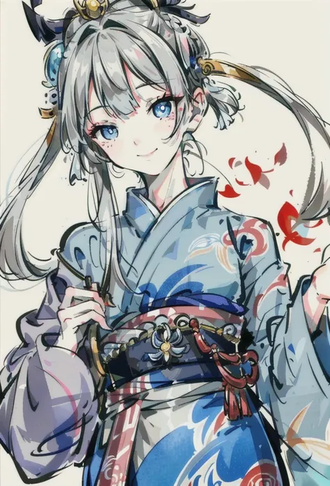 Gray Hair、Long Hair、From the chest up、Light blue eyes、smile、kimono、hair ornaments