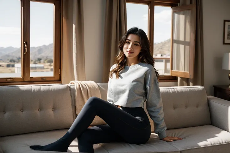 Gorgeous young spanish woman, in her living room, on a sofa, wearing a legging, and a sweatshirt, full body, beautiful face, masterpiece,  best quality, ultra-detailed, solo, shadows contrast, cinematic light, side lighting,  ultra high resolution, best sh...