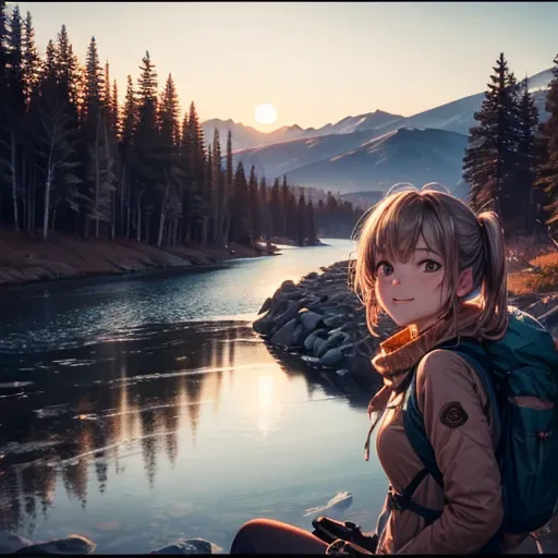 1 female((Upper body selfie, Happy)), masterpiece, Highest quality, Super detailed, alone, Outdoor, (night), Mountain々, nature, (performer, moon) Hilarious, Happy, Backpack, sleeping bag, Camping stove, Water bottle, Mountain boots, gloves, sweater, Have, ...