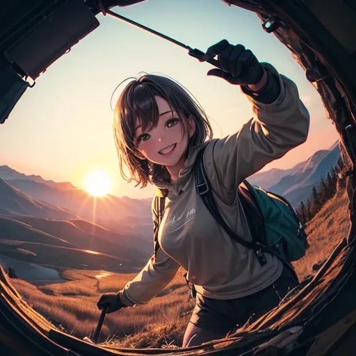 1 female((Upper body selfie, Happy)), masterpiece, Highest quality, Super detailed, alone, Outdoor, (night), Mountain々, nature, (performer, moon) Hilarious, Happy, Backpack, sleeping bag, Camping stove, Water bottle, Mountain boots, gloves, sweater, Have, ...