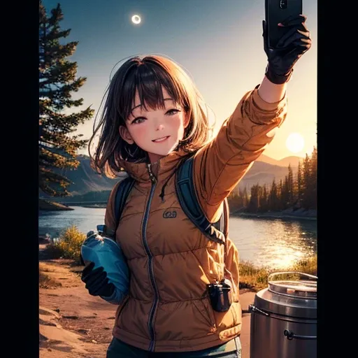 1 female((Upper body selfie, Happy)), masterpiece, Highest quality, Super detailed, alone, Outdoor, (night), Mountain々, nature, (performer, moon) Hilarious, Happy, Backpack, sleeping bag, Camping stove, Water bottle, Mountain boots, gloves, sweater, Have, ...