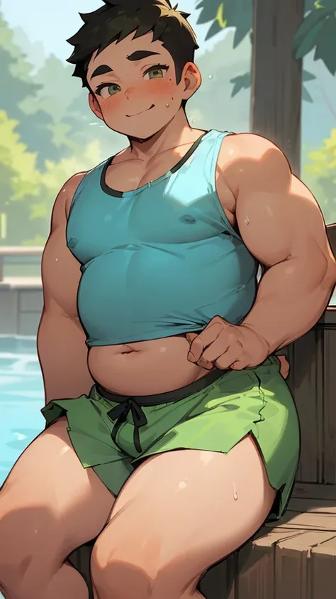 ((androgynous)), ((boyish)), chubby, (very short hair), (pudgy face), (thick), overweight, beefy, (cute), (little brat), (naughty brat), (belly button), Chubby body, Sweaty body, (Smelly body), (moobs), (Obese man like female breasts), (Shorts), (sexly), (...