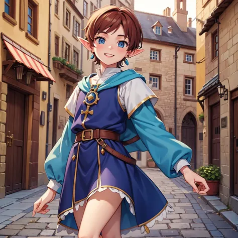 Beautiful, high quality, a 14 years old elf boy, 46 height, twink body, blue eyes, cute face, earrings, auburn hair, looking at the camera, smiling, wearing a boy  medieval style clothes, stand in a middle of street of medieval city
