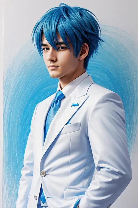 That the drawing is anime and that the boy has blue hair, White suit