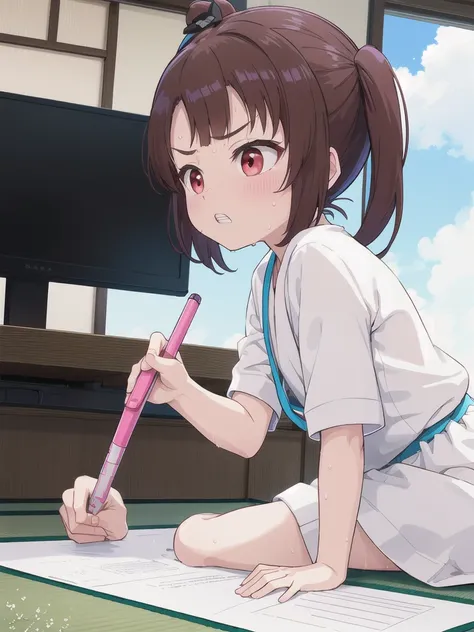 Japanese-style room,blue sky,cloud,missile,On the tatami_Sitting,Near the PC,from side, top-down bottom-up,indoor,1 Girl, 独奏, Red eyes, Twin tails, brown hair,crawling,((顔 focus)),upper body,White dress shirt, bangs, eyebrows visible through hair, Flat Che...