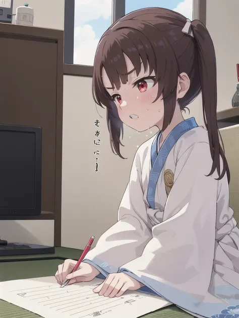 Japanese-style room,blue sky,cloud,missile,On the tatami_Sitting,Near the PC,from side, top-down bottom-up,indoor,1 Girl, 独奏, Red eyes, Twin tails, brown hair,crawling,((顔 focus)),upper body,White dress shirt, bangs, eyebrows visible through hair, Flat Che...