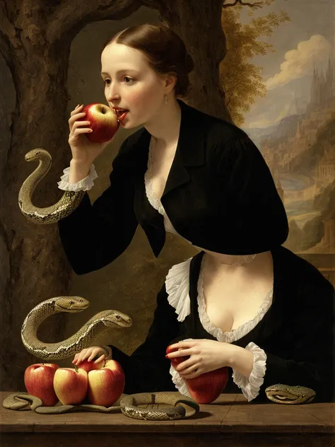 a woman (eva) eating a apple, with a snake in the background im paradies