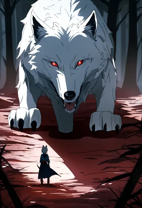 Highest quality, masterpiece, Ultra-high resolution, A gigantic and ferocious monster wolf (White Wolf), Hidden in thick fog, 2D Anime Style, Scary atmosphere, Blood red eyes, Forest in the background, Bloody Ground, 8K, A scene from a movie, From a top-do...