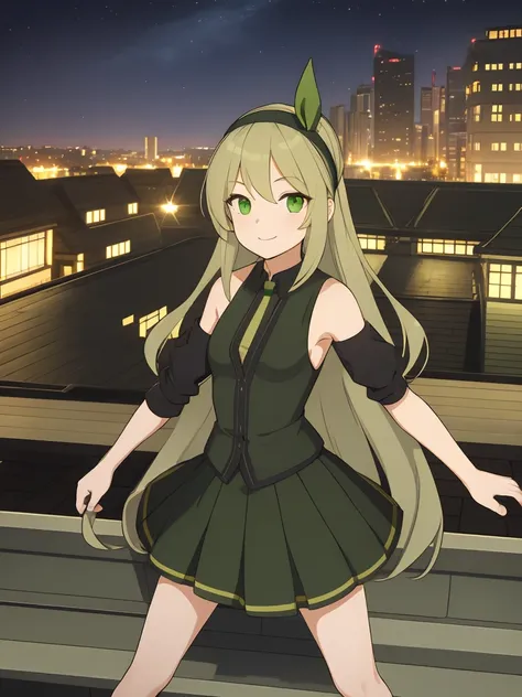 masterpiece, best quality, Very detailed,Ultra-high resolution，girl，From the work《Pitch-black bullets》，(Tina Sprunt)，night，Green eyes，Long blond hair，There is a small tuft of hair on the head，Green headband，Green Skirt，Smile，A simple smile，Harmless express...