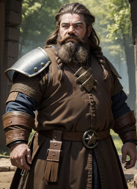 young Dwarf in full plate armor, medieval fantasy dwarf, stark, plumpness, with light brown hair and a long braided beard, wearing full plate armor, a mad look, fully body, standing alone, fancy, Dwarf Medieval RPG, Closeup portrait of a dwarf with a braid...