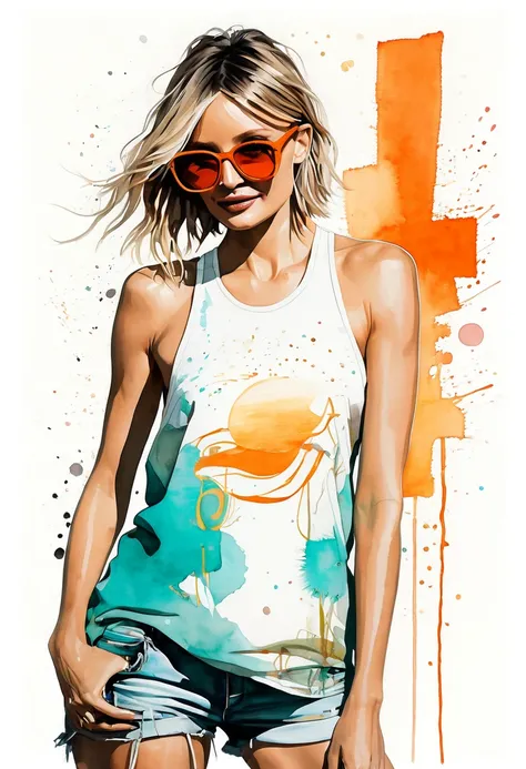 A mesmerizing watercolor and ink line illustration that masterfully combines the iconic styles of Ashley Wood and Rick Griffin. The focal point of the artwork is the alluring Cameron Diaz, who is dressed in an abstract tank top and oversized, eye-catching ...