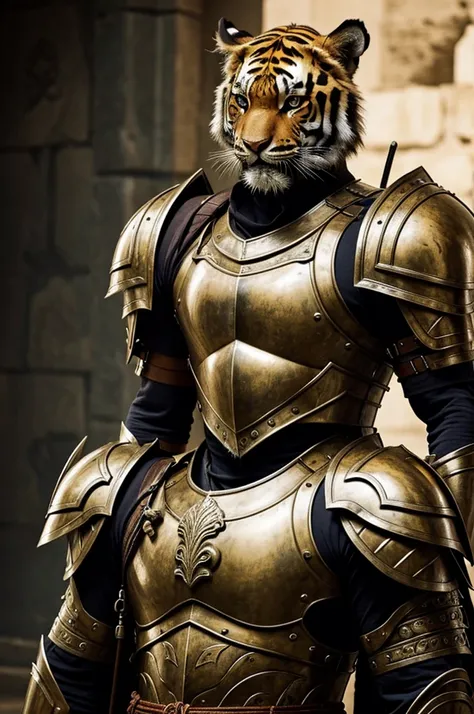 an ancient warrior with tiger faced is making angry face wearing an armoury suits and have a names " miexxx69 " on his chest 