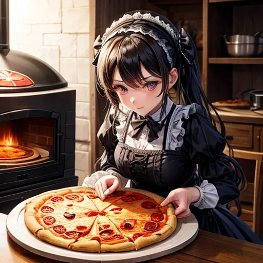 A woman in gothic lolita style baking pizza in a pizza oven