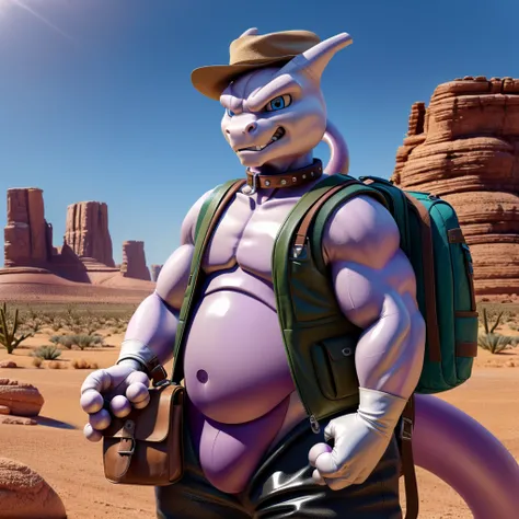 Male, fat, extremely obese, Mewtwo, blue eyes, (posing:1.3), (soft shading), 4k, hi res, ((detailed face, detailed)), looking at viewer, evil grin, desert, cactus, shirt, hat, male focus, Explorer Outfit, glasses, pants, bag, vest, backpack, sleeves rolled...