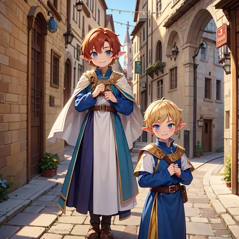 Beautiful, high quality, a 14 years old elf boy, 46 height, twink body, blue eyes, blonde, cute face, earrings, auburn hair, looking at the camera, smiling, wearing a boy medieval style clothes, stand in a middle of street of medieval city