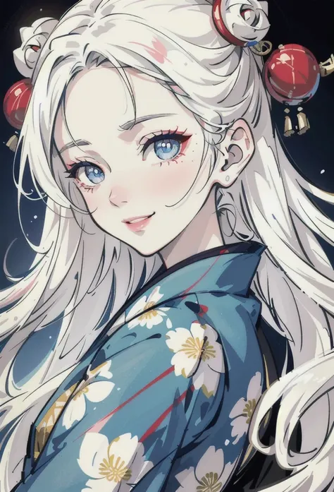 1 woman,beautiful detailed eyes,beautiful detailed lips,extremely detailed face,long white hair,smiling,wearing japanese kimono,ornaments in hair,intricate detailed background,detailed ornate kimono patterns,soft blue eyes,high resolution,detailed lighting...