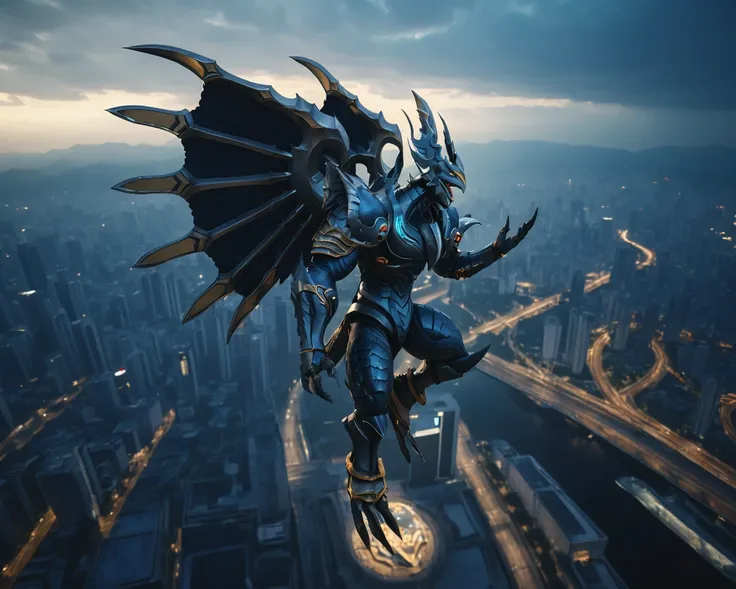 a  winged dexdoru looming over a cityscape,raw photo,8k,cinematic shot,professional lighting, garuda