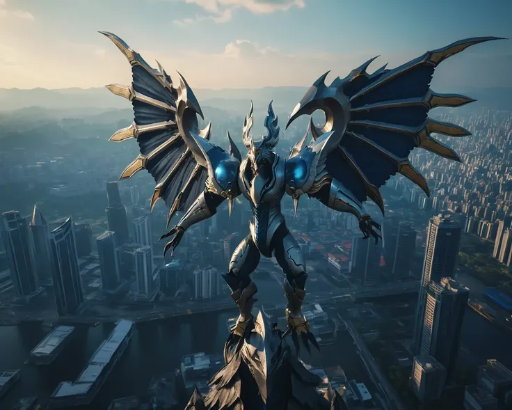 a  winged dexdoru looming over a cityscape,raw photo,8k,cinematic shot,professional lighting, garuda