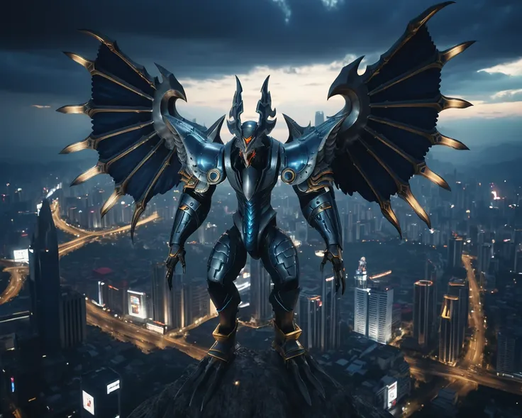 a  winged dexdoru looming over a cityscape,raw photo,8k,cinematic shot,professional lighting, garuda