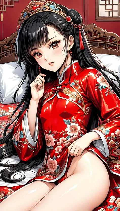 A tragic historical drama in 8k live-action style: Beautiful palace secrets　A beautiful 10-year-old Chinese Kung Fu princess with long black hair is being examined by a doctor　Gorgeous embroidery, Ultra glossy, She is wearing a shiny red top and bottom lon...