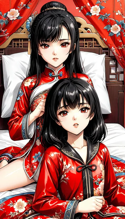 A tragic historical drama in 8k live-action style: Beautiful palace secrets　A beautiful 10-year-old Chinese Kung Fu princess with long black hair is being examined by a doctor　Gorgeous embroidery, Ultra glossy, She is wearing a shiny red top and bottom lon...