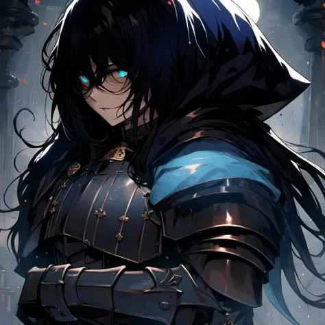 (masterpiece, Best quality:1.2), 1 person, One, Beautiful, black with glowing blue accents armor, warrior, knight, dark hair, Gothic, dark lighting, luminescent glowing blue eyes, fantasy, holding a sword, 