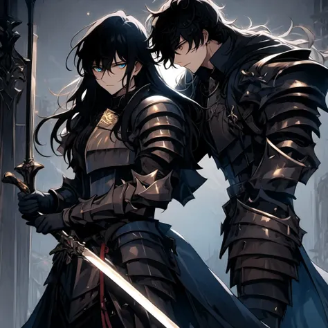 (masterpiece, Best quality:1.2), 1 person, One, Beautiful, black with glowing blue accents armor, warrior, knight, dark hair, Gothic, dark lighting, luminescent glowing blue eyes, fantasy, holding a sword, 