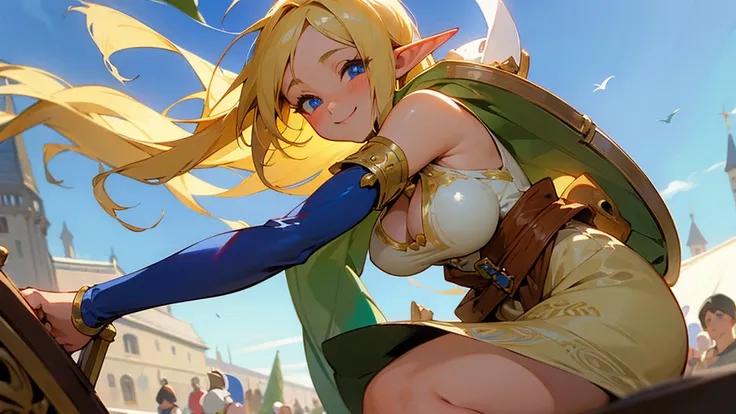 Anime Style,Nostalgic,Detailed background,The medieval world,A bustling square with many people,Beautiful elf girl holding a smiling bard coffee,Large Breasts,Healthy thighs,Underarm