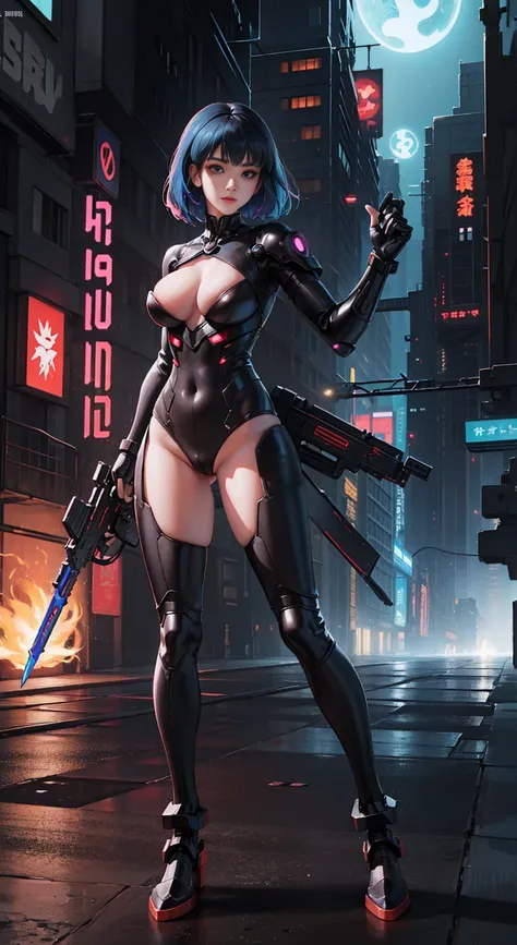 ((full body photo, standing, feet on the ground)), a female Nsfw cyborg,having a mechanical huge swords,futuristic arms,erotic posing,anal,doujin,hentai,kawaii,stylish,pussy,busty, pubic hair,glamour,transparent blue color tone,psychedelic costume,armored,...