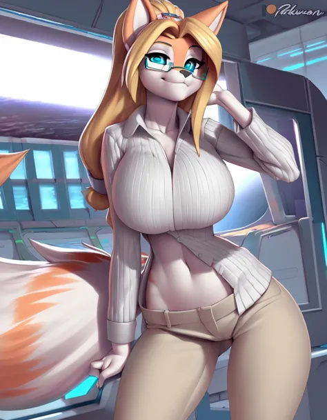 (huge breasts:1.3) (masterpiece) (high quality) (best quality) (1girl), (solo), (slim waist:1.3), (looking at viewer), detailed background, by pakwan, braided ponytail, jade eyes, glowing eyes, slight smile, detailed eyes, futuristic space station laborato...