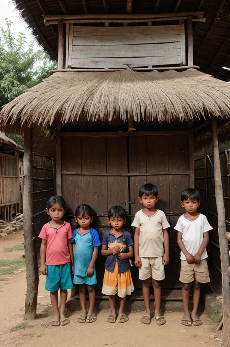 Poor kids in front of hut in village 