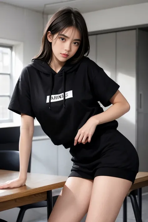 deux femmes ensemble de 18 ans sexy et mince , black short sleeve hoodie , salle de classe, se touche,position sey,sensuel