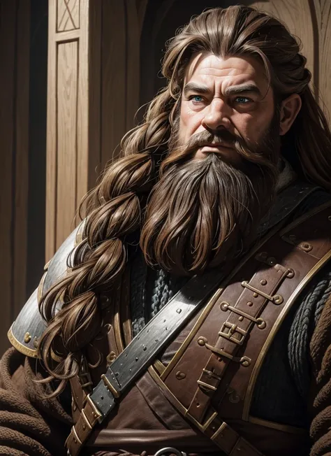 young Dwarf in full plate armor, medieval fantasy dwarf, stark, plumpness, with light brown hair and a long braided beard, wearing full plate armor, a mad look, fully body, standing alone, fancy, Dwarf Medieval RPG, Closeup portrait of a dwarf with a braid...