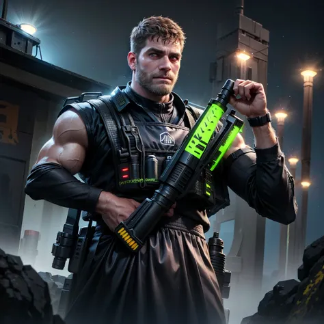 Ultra-realistic RAW portrait of a traditional Scottish man, very hairy, with a large brown beard and short hair in a military-style cut, reimagined in a cyberpunk setting. He is wearing futuristic Scottish Highland attire, including a kilt with neon accent...