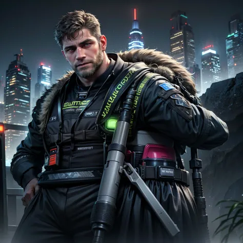 Ultra-realistic RAW portrait of a traditional Scottish man, very hairy, with a large brown beard and short hair in a military-style cut, reimagined in a cyberpunk setting. He is wearing futuristic Scottish Highland attire, including a kilt with neon accent...