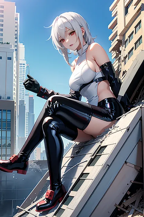 Sexy anime girl, white hair, red eyes, Sitting on building and crushing it, the building is collapsing, wearing latex pants