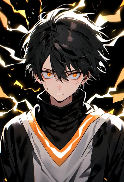 Man 17 years old Long black hair black and white sweatshirt with orange electricity on his body with a worried look