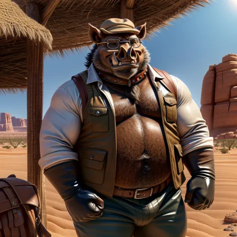 Male, fat, elderly, extremely obese, Boar, blue eyes, (posing:1.3), (soft shading), 4k, hi res, ((detailed face, detailed)), looking at viewer, evil grin, desert, cactus, shirt, hat, male focus, Explorer Outfit, glasses, pants, bag, vest, backpack, sleeves...