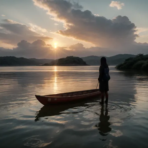 SFW, 1girl, solo focus, POV, very wide shot, landscape, east Asian architecture, sunlight, sunrise, floating, cloud, sky, rain, water, full body, outdoors, scenery, depth of field