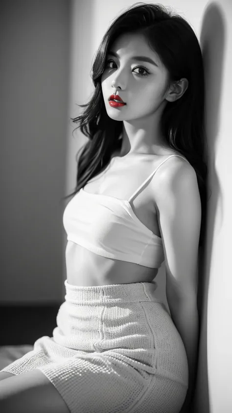 (((Black and White Art:1.2、Black and white photo、RAW photos、Film Grain)))、Beautiful woman、Small nose、((Full lips、Sexy red lips:1.3))、Attractive hairstyle、skirt、best quality、high resolution、high resolution、light、Black and white photo、Professional photograph...