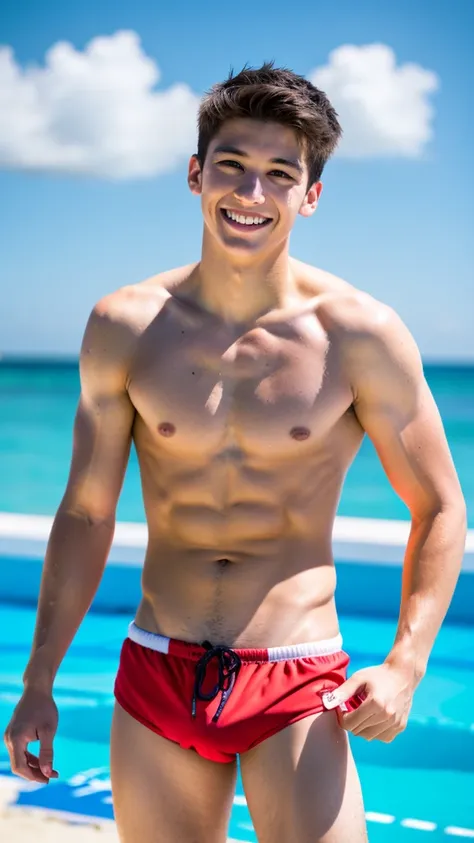 male Age 18 swimwear lifeguard topless smile